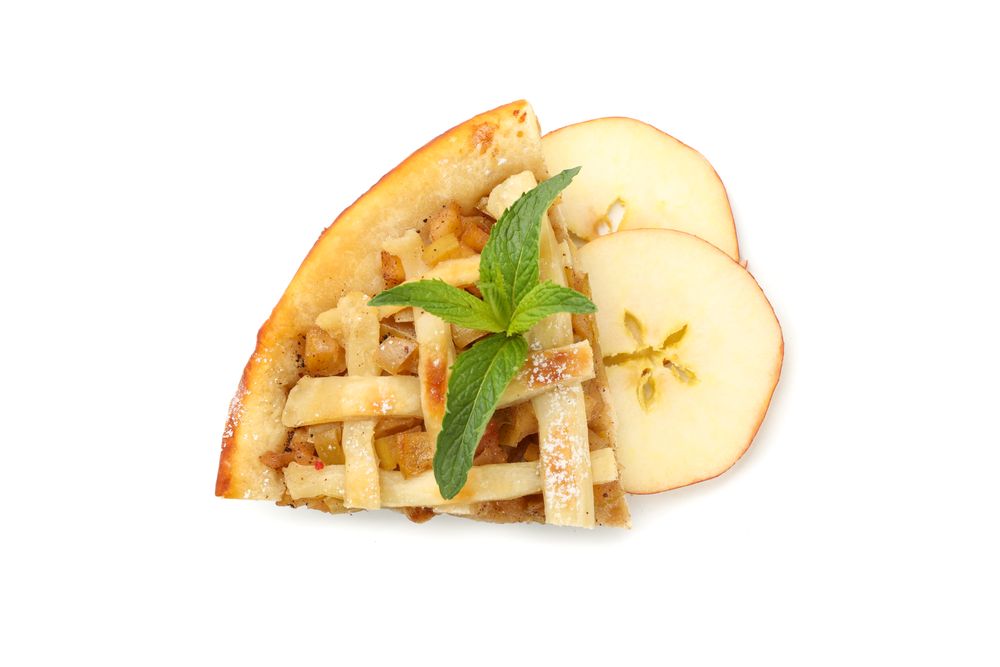 Piece of tasty apple pie isolated on neutral background. Homemade food