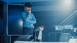 Automotive Engineer Working on Electric Car Chassis Platform, Using Augmented Reality Headset.