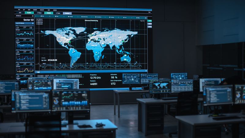 A High-tech Control Room With Multiple Screens Displaying Global Data Analytics and Monitoring Systems