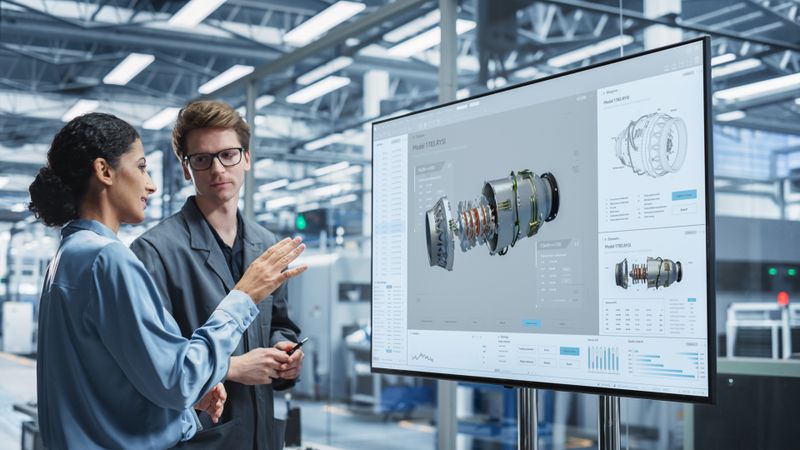 Male and female colleagues designing from screen