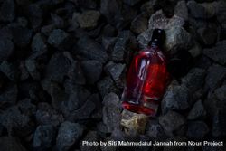 Red perfume bottle mock up laying in the rocks 0V6WlO