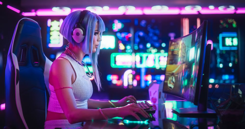 Stylish Futuristic Cyberpunk Gaming Neon Room with Cosplay Gamer in Headphones