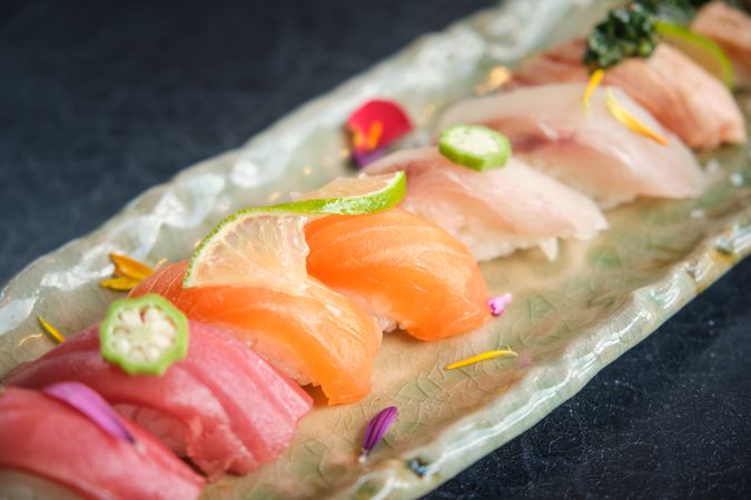 Elegant sushi pieces presented on a platter
