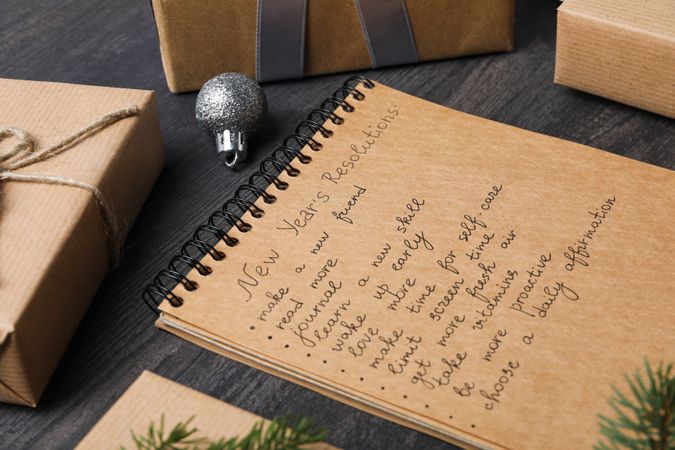 Concept of New Year Resolutions list, new year goals, close up