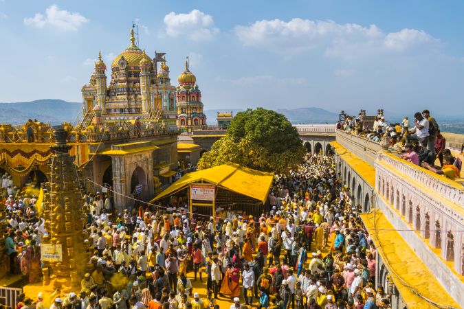 Jejuri, Maharashtra, India - Dec 30, 2024: Palkhi of Lord Khandoba at the famous and beautiful Khandoba temple at Jejuri during the festival of Somvati Amavasya