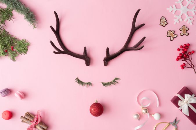 Reindeer face made of evergreen fir eyelashes, red bauble decoration and antlers on pink background