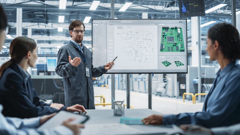 Electronics Factory Office Meeting: Head Of Engineering Presenting New Motherboard For Powerful Microchips On TV Set.