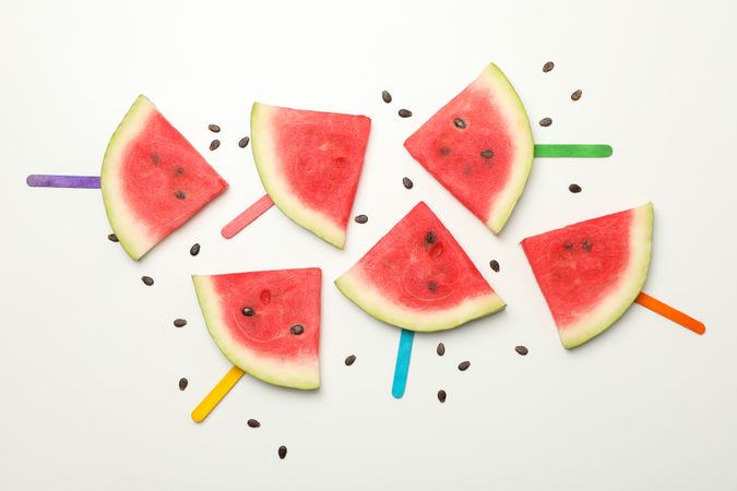 Composition with fresh watermelon slices on blank background, top view