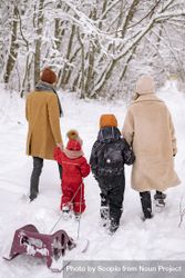 Back view of family with children walking on snow covered ground 4jw2vb
