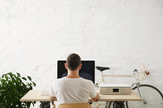 Man at computer in bright home office