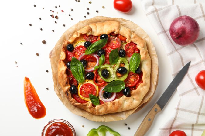 Concept of tasty food, Vegetable galette, top view