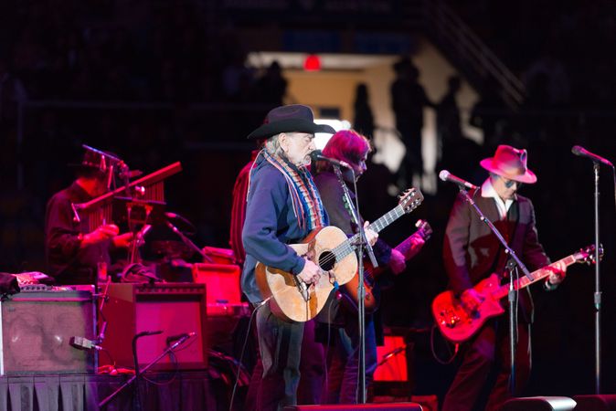 Country singer-songwriting legend Willie Nelson, on stage at Rodeo Austin, Austin, Texas