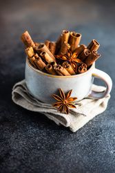 Side view of cinnamon sticks and anise star in mug