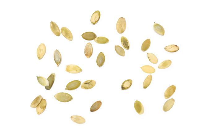 Concept of Autumn vibe food, Pumpkin, Pumpkin seeds, isolated on light background