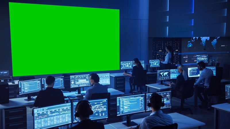 Diverse Team Monitors Data in Futuristic Command Center. Large Green Screen Dominates, Surrounded by Analysts at Workstations.