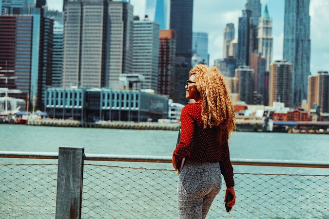 Smiling professional Black female admiring New York from Brooklyn