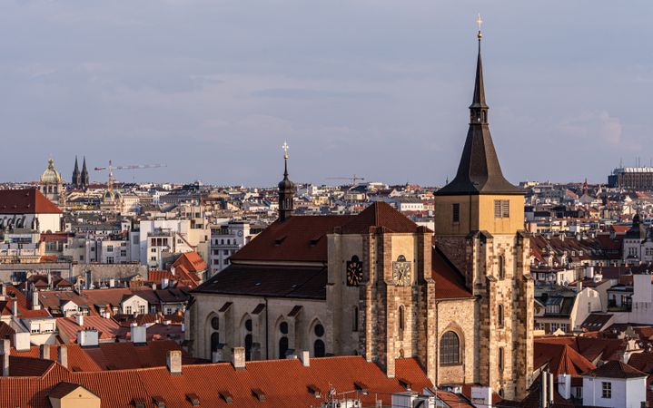 View of the Old Prague areas from the top in misty morning