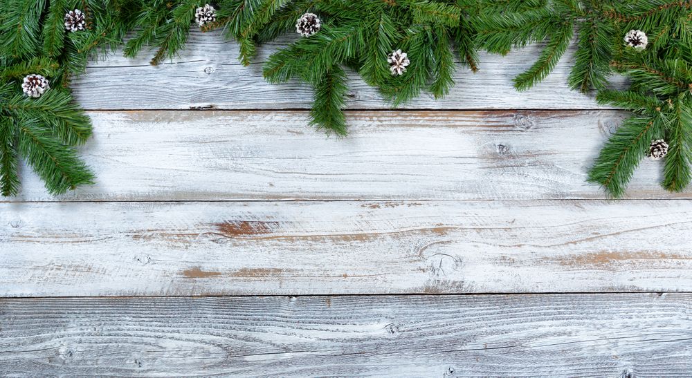 Top border of Christmas fir branches and pine cones on rustic wooden background