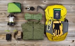 Climbing gear for hiking on rustic wood