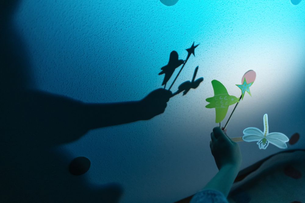 Crop child holding paper bird and fly in light creating shadow