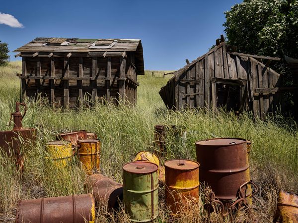 Empty metal drums litter the overgrown grass at an abandoned farmstead near Washtucna, Washington