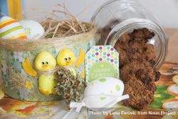 Easter scene of a jar of cookies, marijuana, chicks and decorated eggs 5oZm10