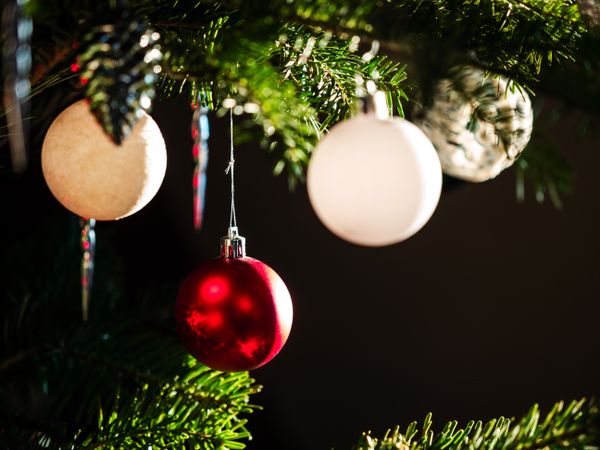 Christmas tree balls. Beautiful bokeh. Festive mood.