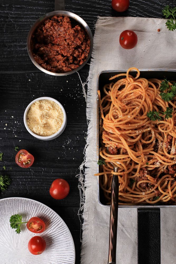 Delicious Spaghetti Bolognaise Served in Pan.