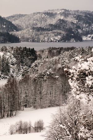Snowy peaceful mountain valley at shore