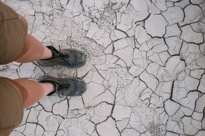 Boots on dry, cracked earth