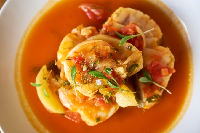 Aerial photo of cod and prawn casserole with potatoes