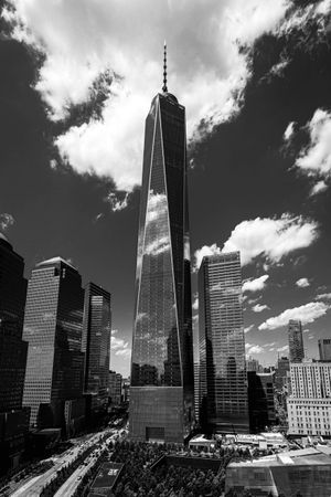 Exterior view of The Freedom Tower skyscraper in grayscale