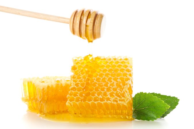 Honeycombs, dipper and leaves isolated on blank background