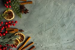 Christmas frame with fir tree, red berries and pinecones on concrete background with copy space