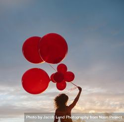 Cropped shot of female holding red balloons against a cloudy sunset sky bDvnV5
