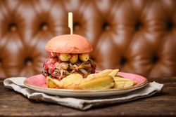 Tasty hamburger served in restaurant