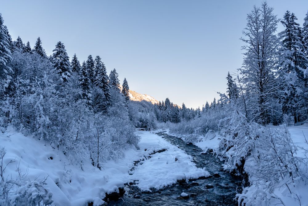 Winter landscape with river flowing through the snow-covered forest in Bavaria, Germany