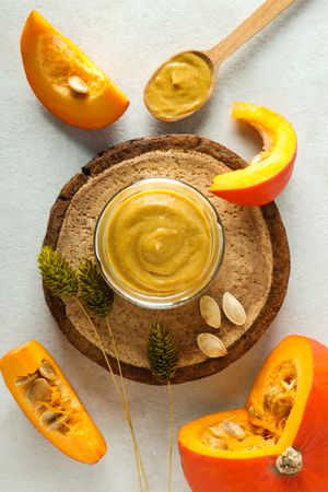 Concept of different cosmetic products, Pumpkin cosmetics, top view