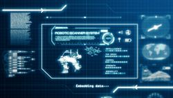 Blue hologram with technology information on screen