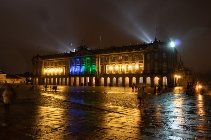 Raxoi palace at night after rain. Neoclassic building, Obradoiro square, santiago de Compostela, Spain