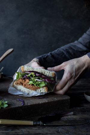 Hands with sandwich with vegetables and pate on tray