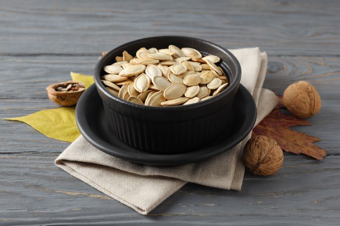 Concept of Autumn vibe food, Pumpkin, Pumpkin seeds