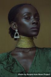 Portrait of woman in golden choker necklace and green top bGQvA5