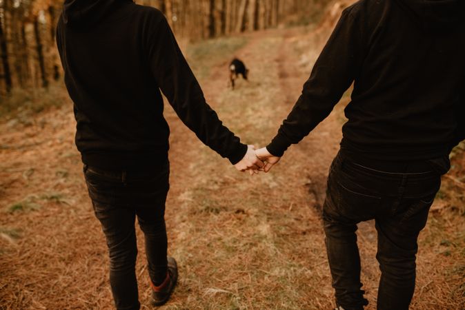 Men holding hands and walking in forest with dog