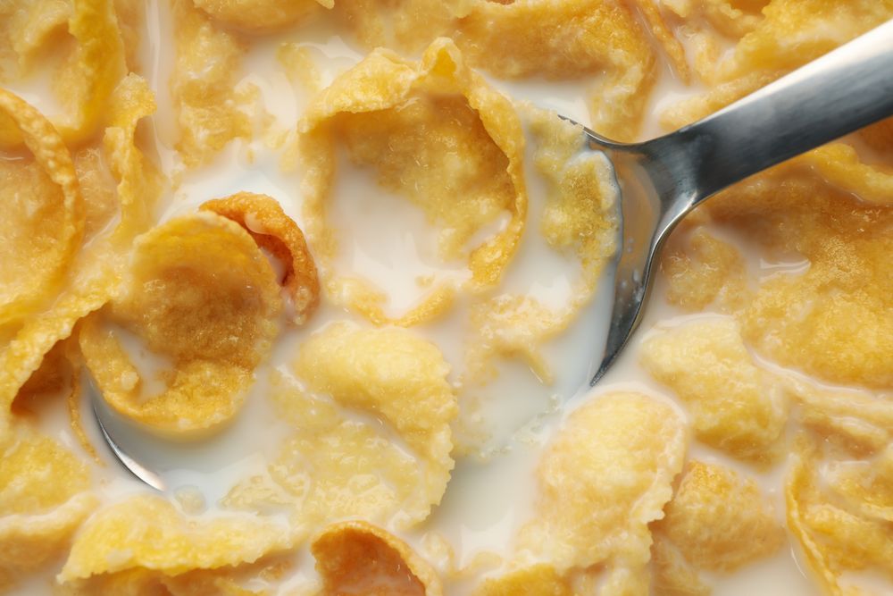Muesli with milk and spoon, close up