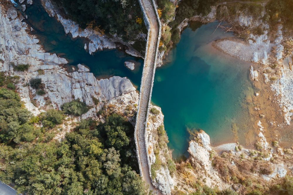 Aerial view of a medieval bridge
