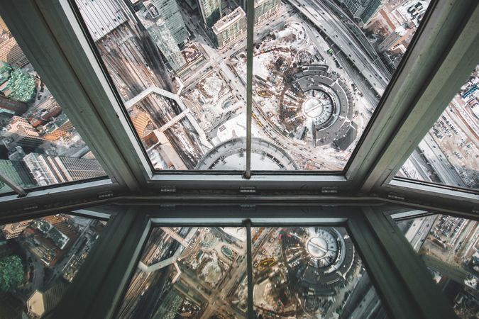 High angle view of city from glass window