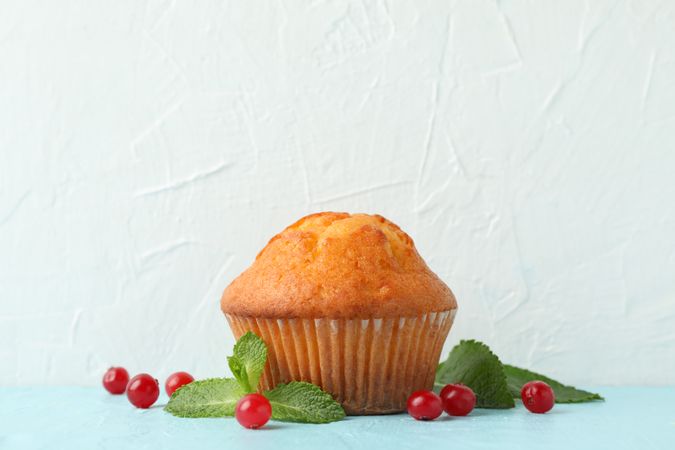 Delicious muffin and berries on blank background. Sweet food