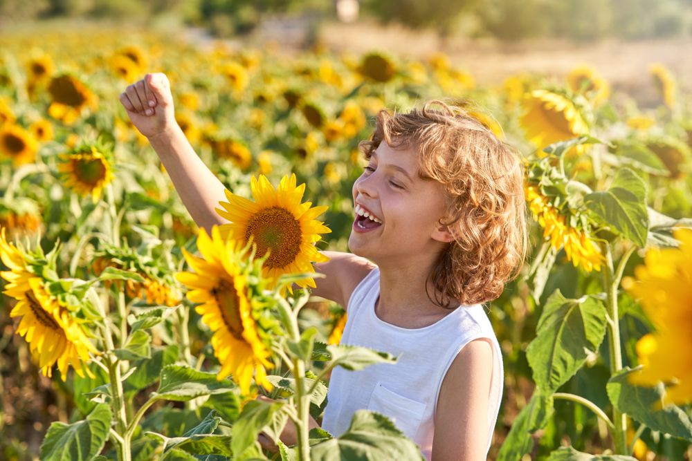 Boy having fun while smelling flowers