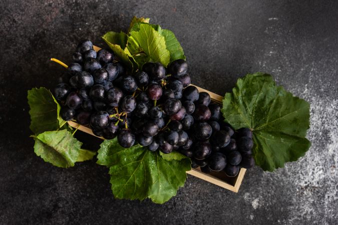 Top view box of delicious fresh red grapes with leaves on counter